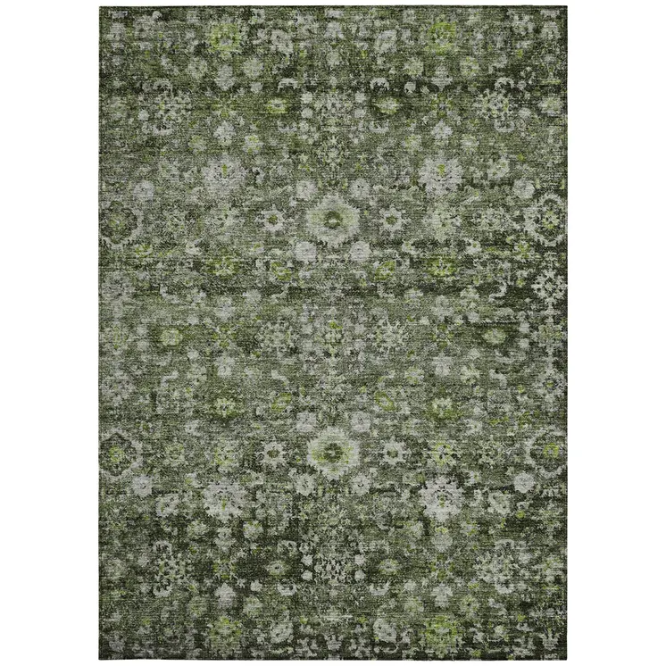 10' X 14' Green And Olive Green Oriental Washable Indoor Outdoor Area Rug