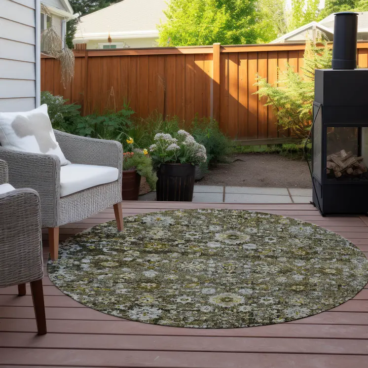 8' Brown And Beige Round Oriental Washable Indoor Outdoor Area Rug