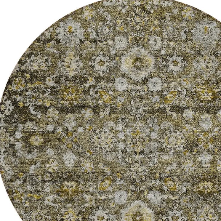 8' Brown And Beige Round Oriental Washable Indoor Outdoor Area Rug