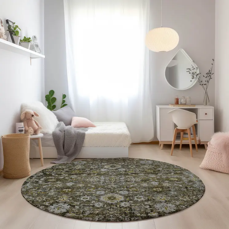 8' Brown And Beige Round Oriental Washable Indoor Outdoor Area Rug