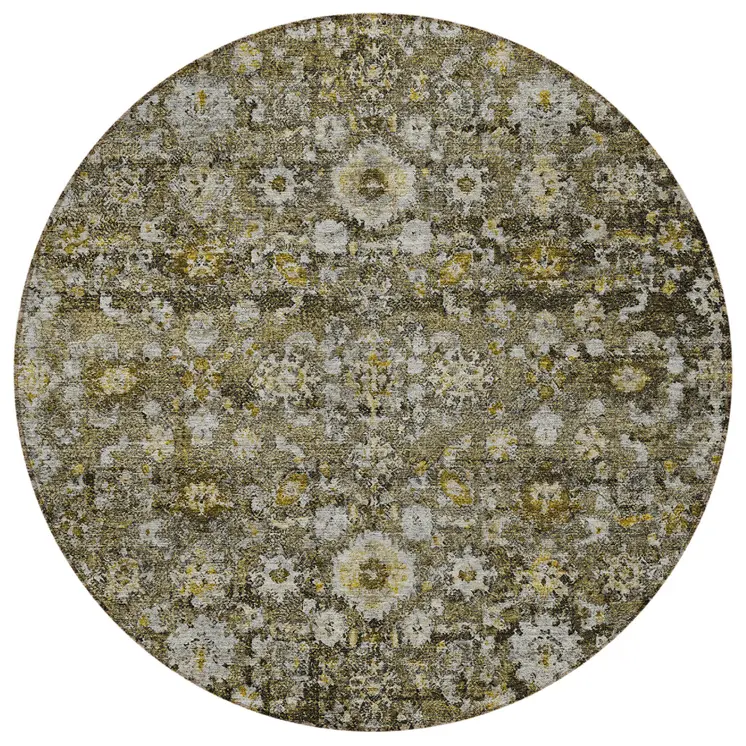 8' Brown And Beige Round Oriental Washable Indoor Outdoor Area Rug