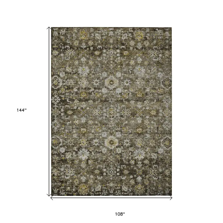 9' X 12' Brown And Beige Oriental Washable Indoor Outdoor Area Rug