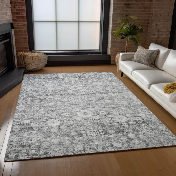 3' X 5' Silver Gray And Pewter Oriental Washable Indoor Outdoor Area Rug