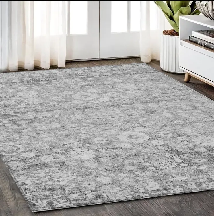 5' X 8' Silver Gray And Pewter Oriental Washable Indoor Outdoor Area Rug