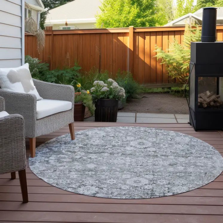 8' Silver Gray And Pewter Round Oriental Washable Indoor Outdoor Area Rug