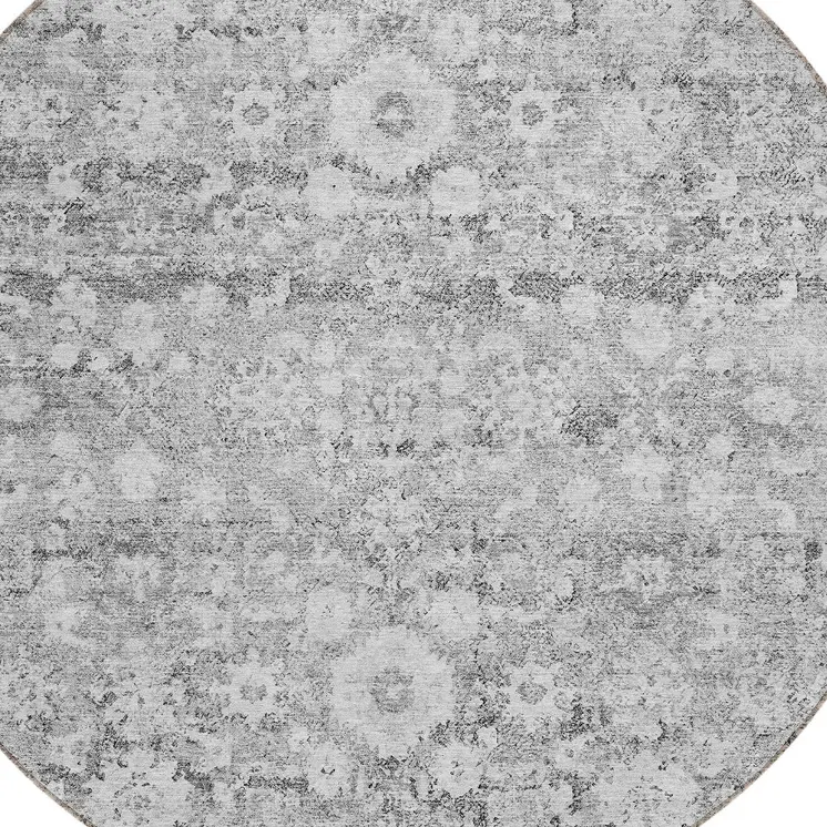 8' Silver Gray And Pewter Round Oriental Washable Indoor Outdoor Area Rug