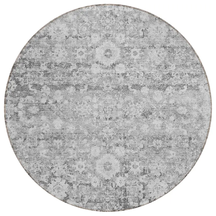 8' Silver Gray And Pewter Round Oriental Washable Indoor Outdoor Area Rug