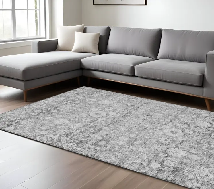 8' X 10' Silver Gray And Pewter Oriental Washable Indoor Outdoor Area Rug
