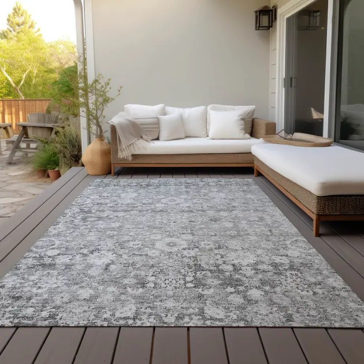 8' X 10' Silver Gray And Pewter Oriental Washable Indoor Outdoor Area Rug