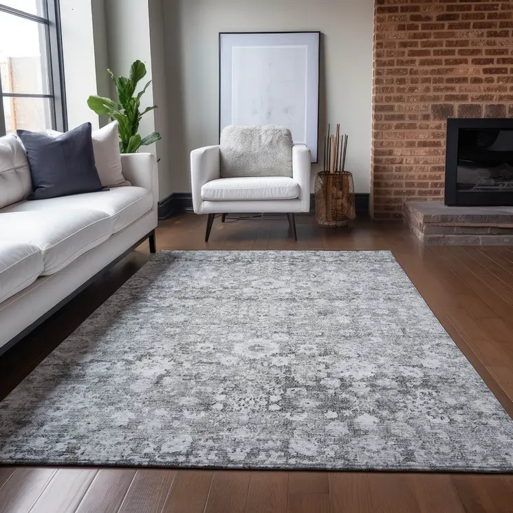 8' X 10' Silver Gray And Pewter Oriental Washable Indoor Outdoor Area Rug