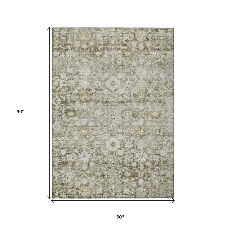 5' X 8' Taupe Beige And Gold Oriental Washable Indoor Outdoor Area Rug