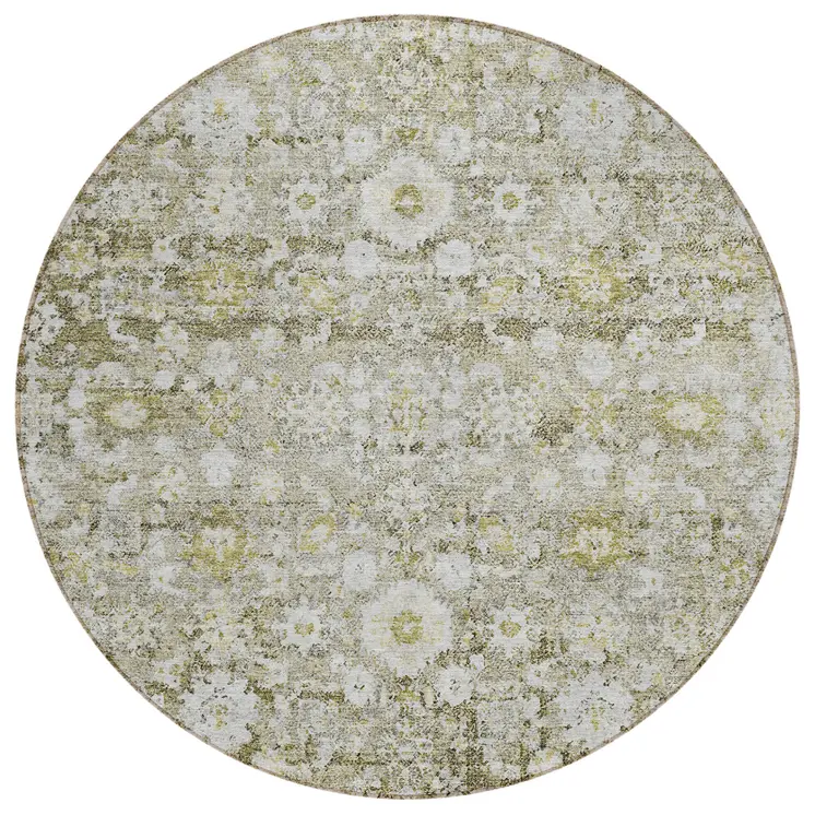 8' Taupe Beige And Gold Round Oriental Washable Indoor Outdoor Area Rug