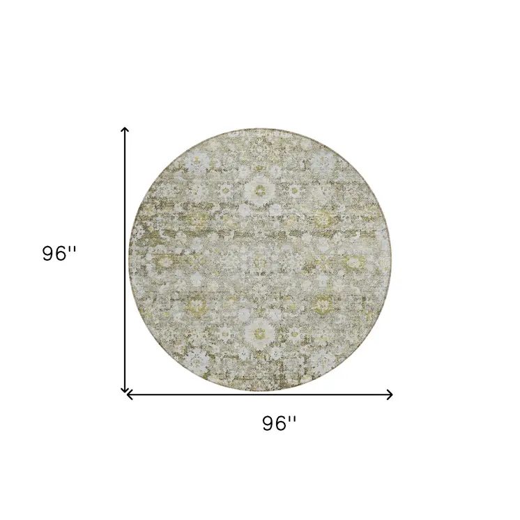 8' Taupe Beige And Gold Round Oriental Washable Indoor Outdoor Area Rug
