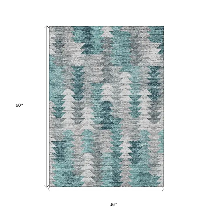 3' X 5' Dark Blue Aqua And Gray Geometric Washable Indoor Outdoor Area Rug
