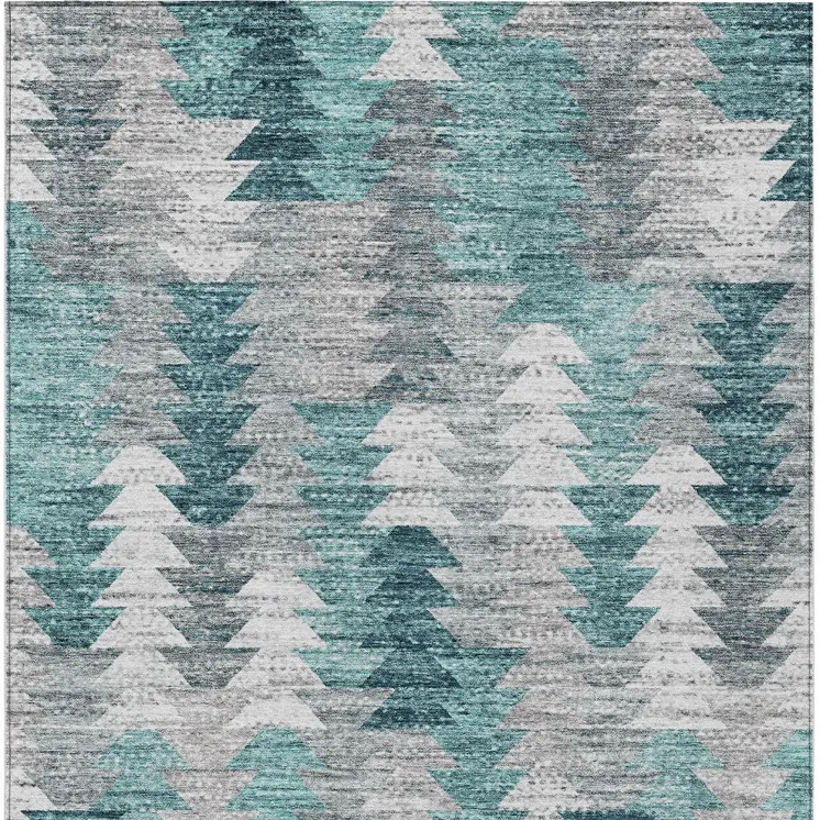 9' X 12' Dark Blue Aqua And Gray Geometric Washable Indoor Outdoor Area Rug