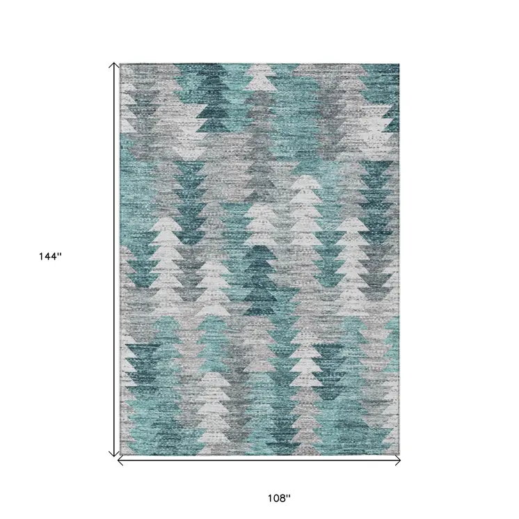 9' X 12' Dark Blue Aqua And Gray Geometric Washable Indoor Outdoor Area Rug