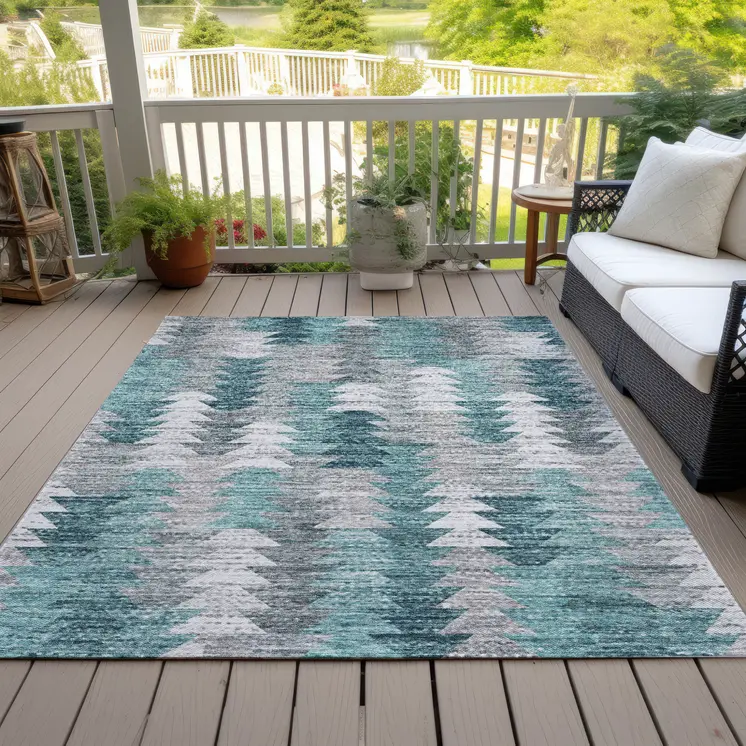 9' X 12' Dark Blue Aqua And Gray Geometric Washable Indoor Outdoor Area Rug