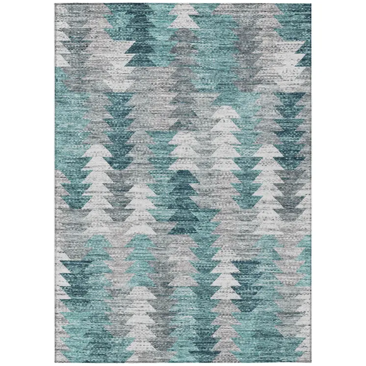 9' X 12' Dark Blue Aqua And Gray Geometric Washable Indoor Outdoor Area Rug