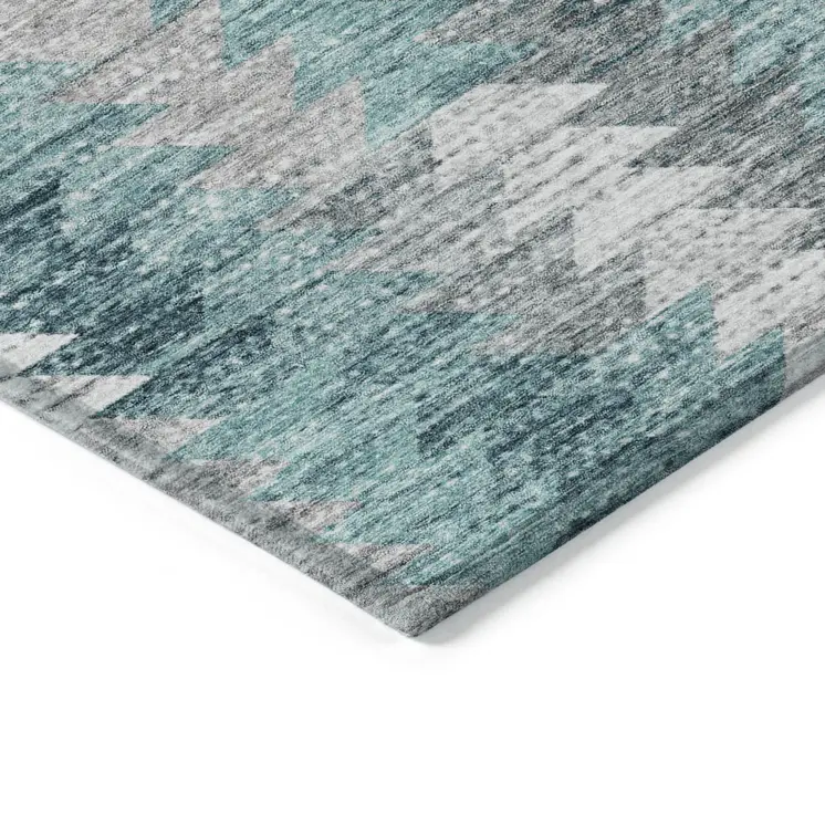 9' X 12' Dark Blue Aqua And Gray Geometric Washable Indoor Outdoor Area Rug