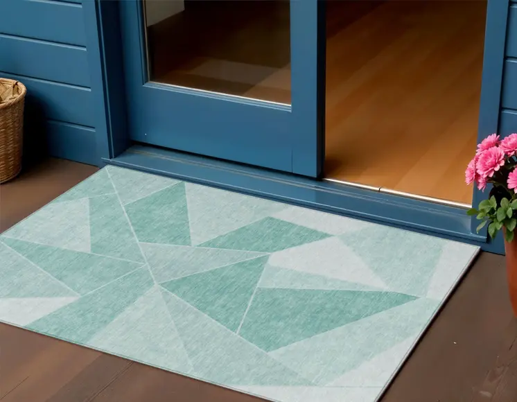 3' X 5' Mint Green And Aqua Geometric Washable Indoor Outdoor Area Rug