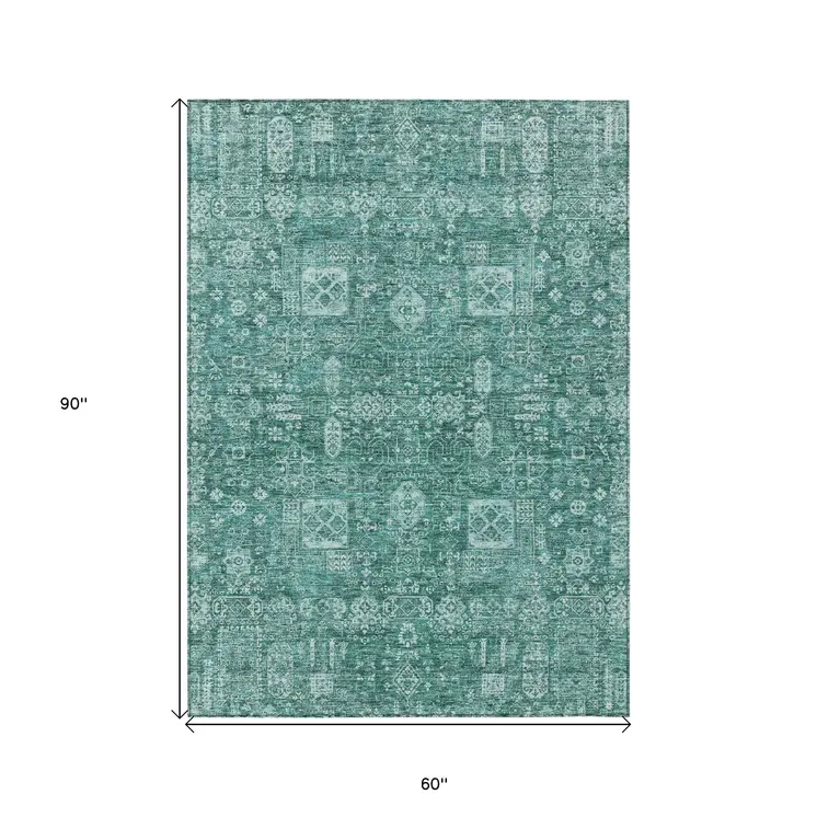 5' X 8' Dark Green And Aqua Oriental Washable Indoor Outdoor Area Rug