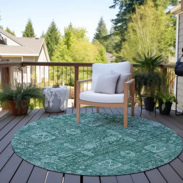 8' Dark Green And Aqua Round Oriental Washable Indoor Outdoor Area Rug