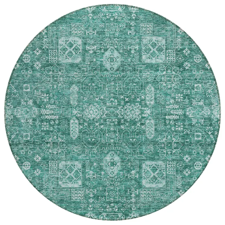 8' Dark Green And Aqua Round Oriental Washable Indoor Outdoor Area Rug