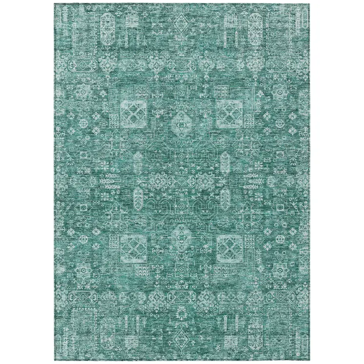 8' X 10' Dark Green And Aqua Oriental Washable Indoor Outdoor Area Rug