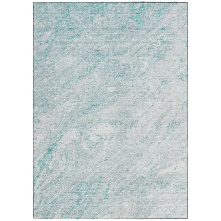 3' X 5' Aquamarine Aqua And Ivory Abstract Washable Indoor Outdoor Area Rug