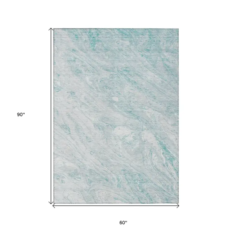 5' X 8' Aquamarine Aqua And Ivory Abstract Washable Indoor Outdoor Area Rug