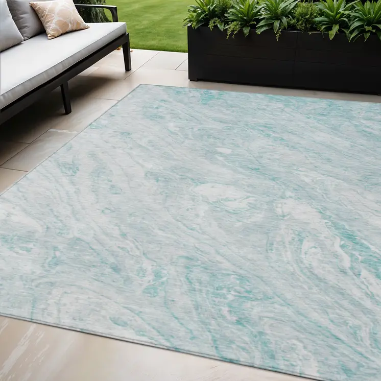 5' X 8' Aquamarine Aqua And Ivory Abstract Washable Indoor Outdoor Area Rug