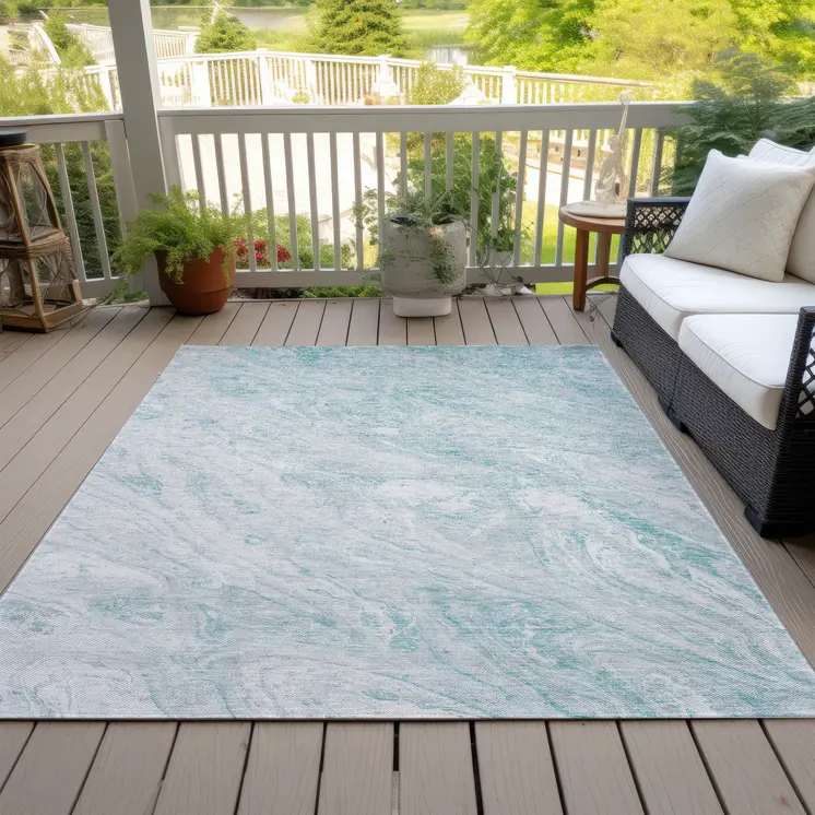 5' X 8' Aquamarine Aqua And Ivory Abstract Washable Indoor Outdoor Area Rug