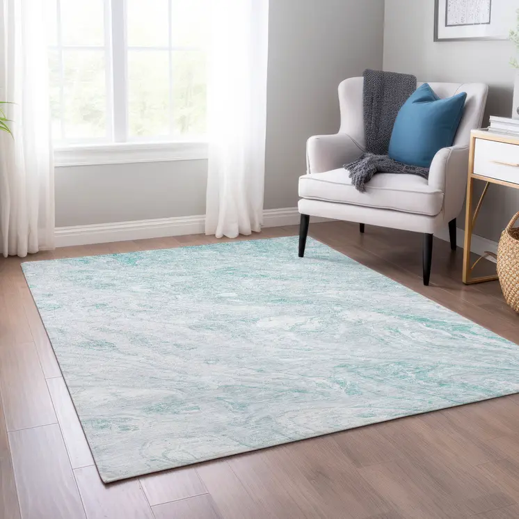 5' X 8' Aquamarine Aqua And Ivory Abstract Washable Indoor Outdoor Area Rug