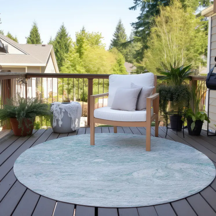 8' Aquamarine Aqua And Ivory Round Abstract Washable Indoor Outdoor Area Rug
