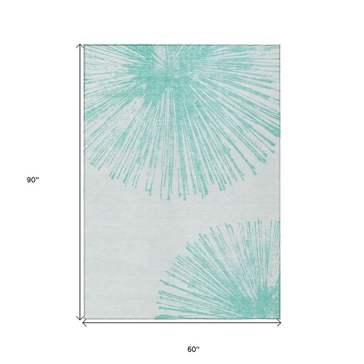 5' X 8' Aquamarine And Ivory Abstract Washable Indoor Outdoor Area Rug