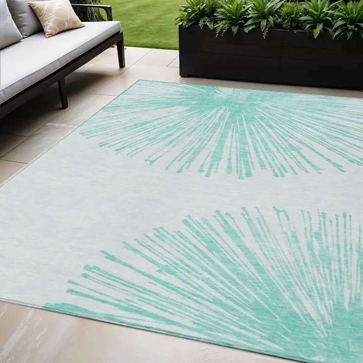 5' X 8' Aquamarine And Ivory Abstract Washable Indoor Outdoor Area Rug