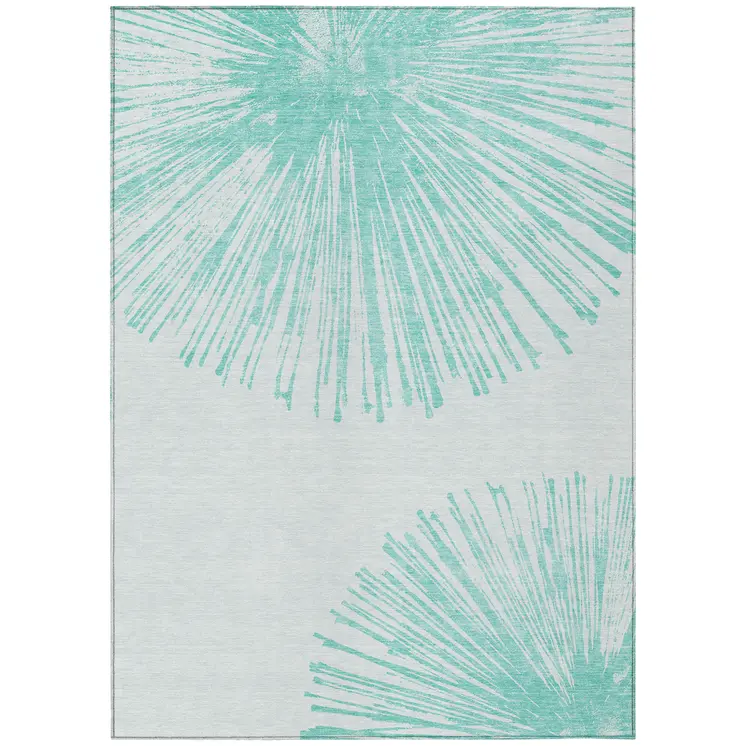 5' X 8' Aquamarine And Ivory Abstract Washable Indoor Outdoor Area Rug