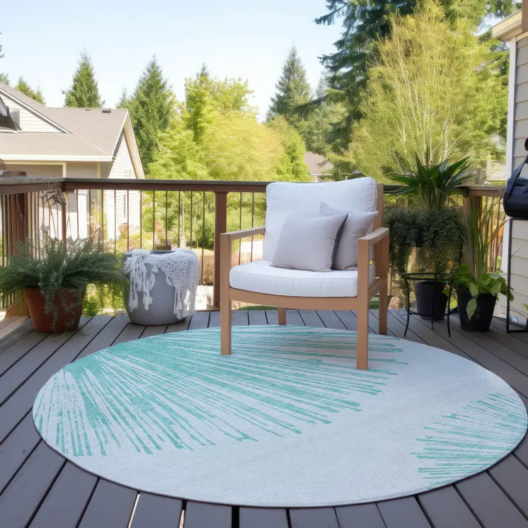 8' Aquamarine And Ivory Round Abstract Washable Indoor Outdoor Area Rug