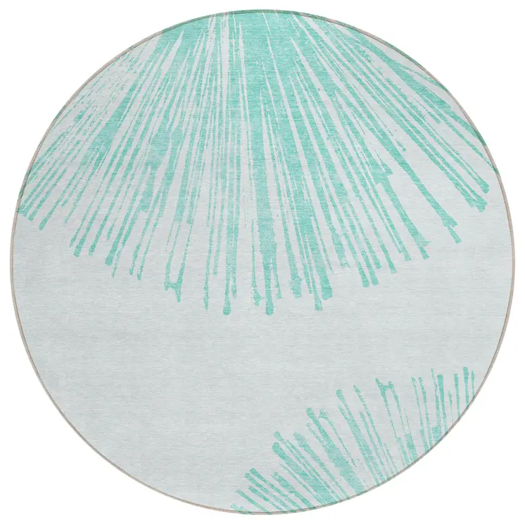 8' Aquamarine And Ivory Round Abstract Washable Indoor Outdoor Area Rug