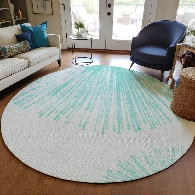 8' Aquamarine And Ivory Round Abstract Washable Indoor Outdoor Area Rug