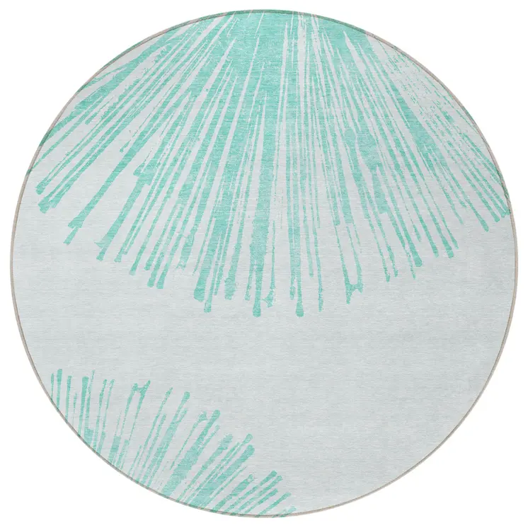 8' Aquamarine And Ivory Round Abstract Washable Indoor Outdoor Area Rug