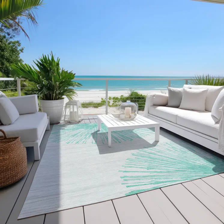 8' X 10' Aquamarine And Ivory Abstract Washable Indoor Outdoor Area Rug