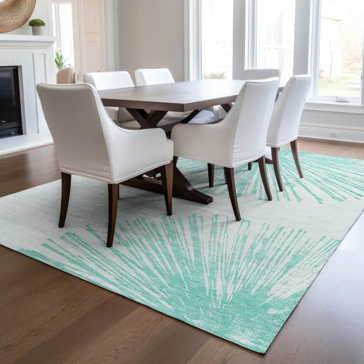 8' X 10' Aquamarine And Ivory Abstract Washable Indoor Outdoor Area Rug