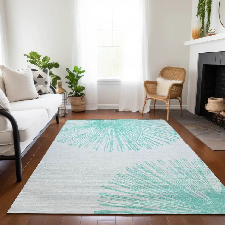 9' X 12' Aquamarine And Ivory Abstract Washable Indoor Outdoor Area Rug