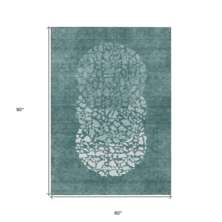 5' X 8' Dark Green Aqua And Ivory Abstract Washable Indoor Outdoor Area Rug