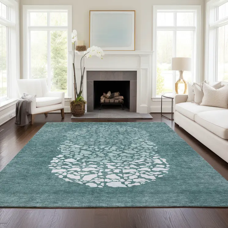 5' X 8' Dark Green Aqua And Ivory Abstract Washable Indoor Outdoor Area Rug