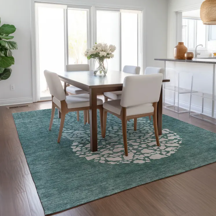 5' X 8' Dark Green Aqua And Ivory Abstract Washable Indoor Outdoor Area Rug