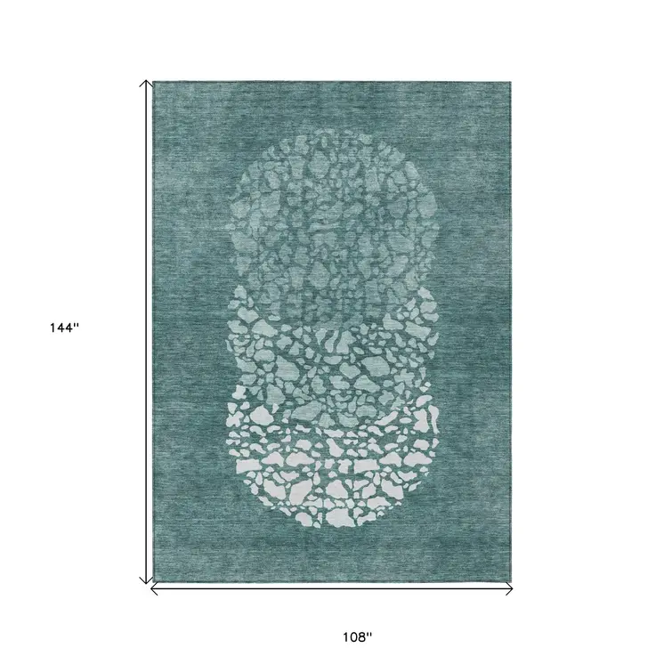 9' X 12' Dark Green Aqua And Ivory Abstract Washable Indoor Outdoor Area Rug