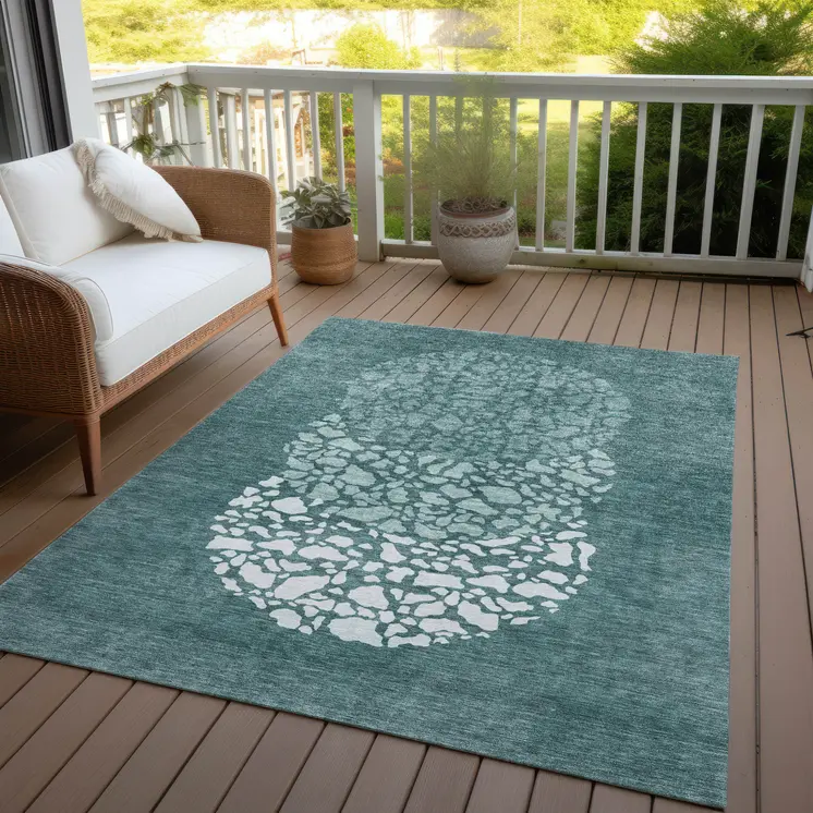 9' X 12' Dark Green Aqua And Ivory Abstract Washable Indoor Outdoor Area Rug