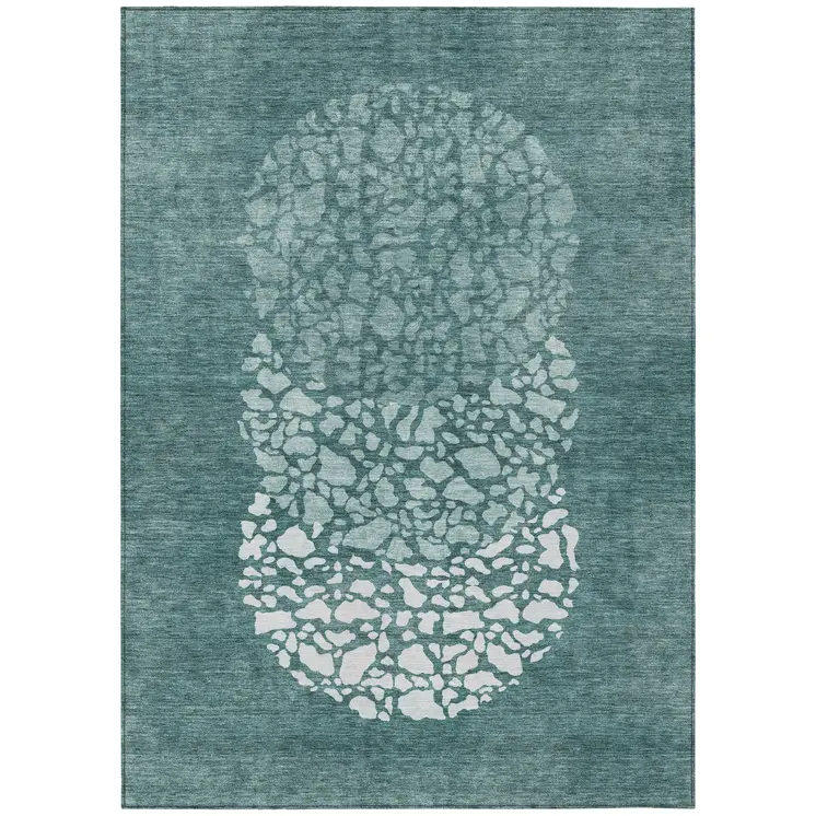 9' X 12' Dark Green Aqua And Ivory Abstract Washable Indoor Outdoor Area Rug